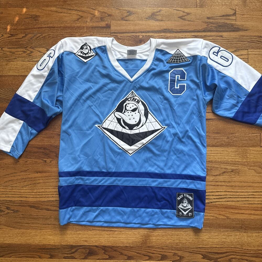 Black Pyramid Hockey Jersey Blue And White Embroidered And Patchwork